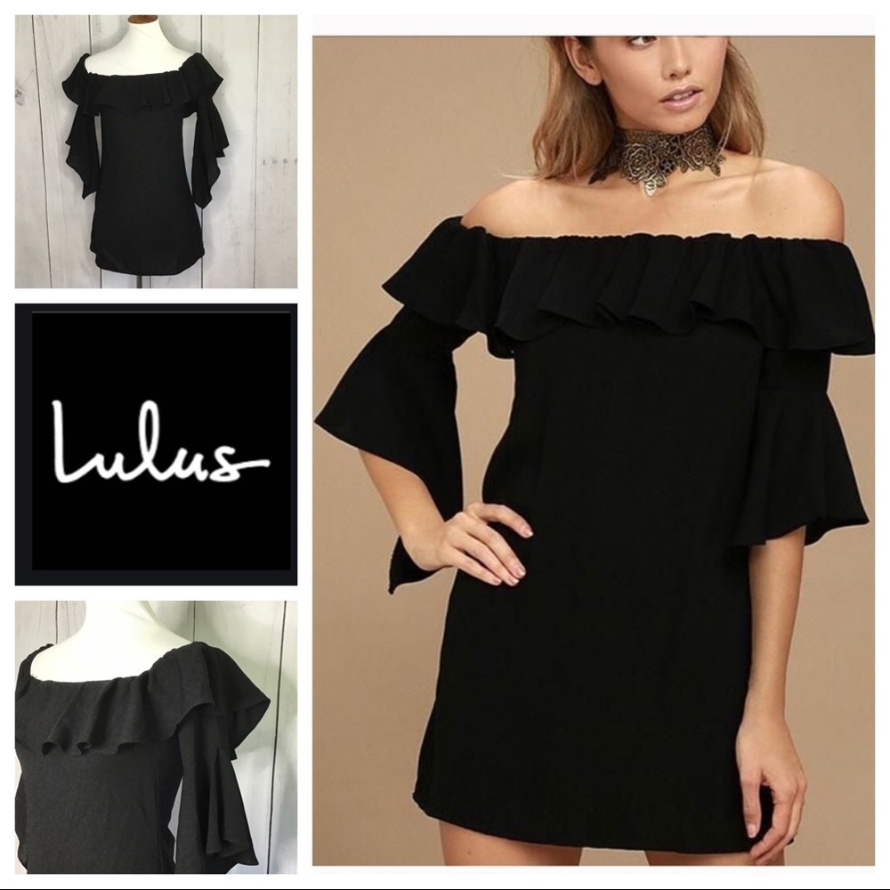 Lulus Black Off The Shoulder Ruffle Bell‎ Sleeve Mini Dress XS